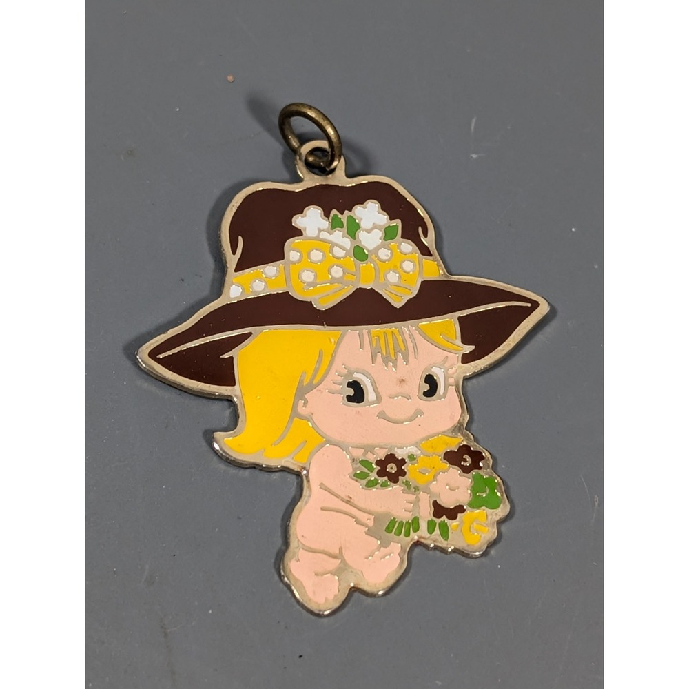 Vintage HAL MFG‎ Girl With Flowers Charm Pendant Gold Tone Enamel